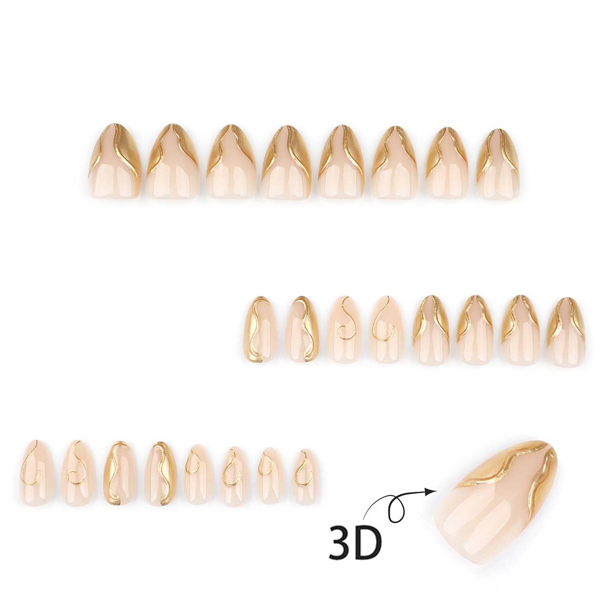 Almond Press On Nails Short Fake Nails Nude False Nails With 3D Gold Irregular Design Full Cover Acrylic Glue On Nail Glossy Stick On Nail Kit For Women DIY Manicure 24 Pcs