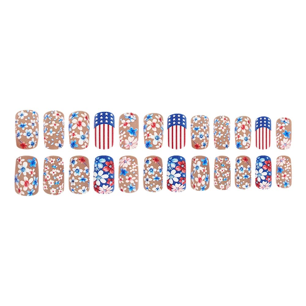 Flower Press on Nails Medium Square Cute Colorful 3D Flowers Fake Nails with America Flag Design False Nails Colorful Floral Full Cover Scrub Spring Summer Acrylic Nails for Women DIY Manicure 24 Pcs