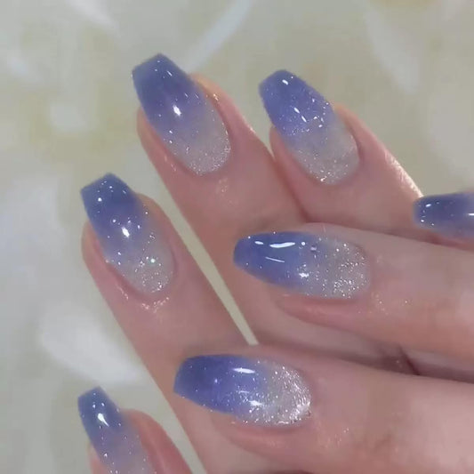 Coffin Press on Nails Medium - Blue Fake Nails with Ombre Glitter Deisgn - Gloosy Full Cover Stick on False Nails - for Women 24 Pcs