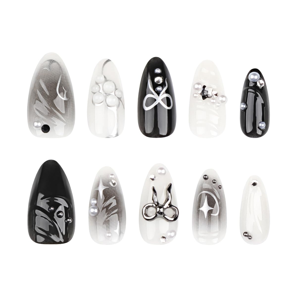 24Pcs Black Press on Nails Medium Almond Fake Nails 3D Silver Bow Pearl Star Glitter Design Full Cover Stick on Nails Artificial Nails Gothic False Nails Y2k Glue on Nails for Women Acrylic Nails