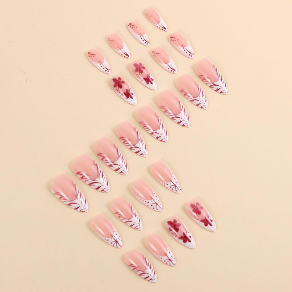 MINGCHUN Pink Press on Nails Medium Almond White French Tip Fake Nails Press ons Acrylic Nail Art Kit Full Cover False Nails Glue on Nails with Flame Flower Glossy Design for Women Nail Supplies 24Pcs