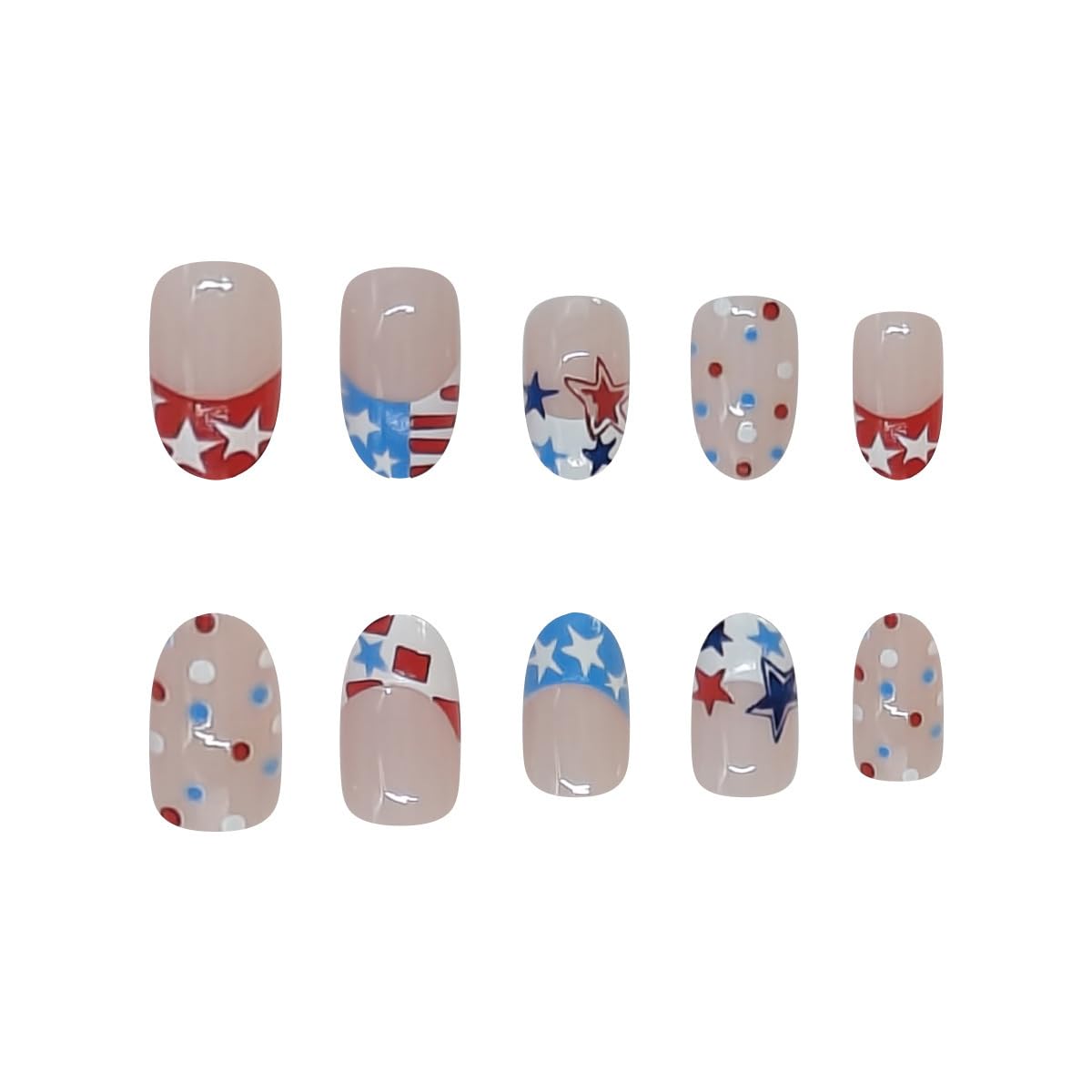 24Pcs 4th of July Press on Nails Petite Short Almond Fake Nails Red White Blue Star with Polka Dot Designs American Flag Full Cover Glue on Nails French Tip False Nails Cute Stick on Nails for Acrylic