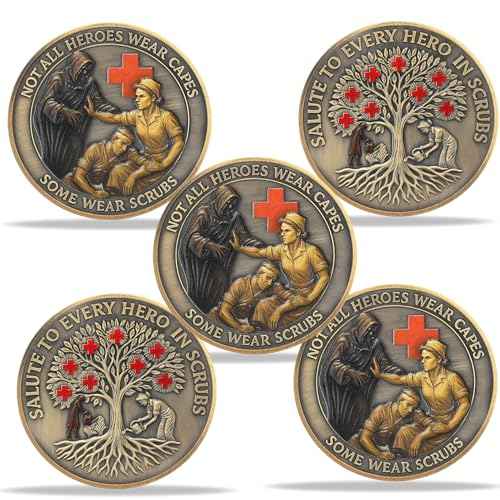 Healthcare Worker Challenge Coin - Medical Hero Coin - Red Cross Guardian Tree Nurse Coin - Thank You Tribute Medallion Medical Appreciation Gift for Frontline Workers (5 PCS)