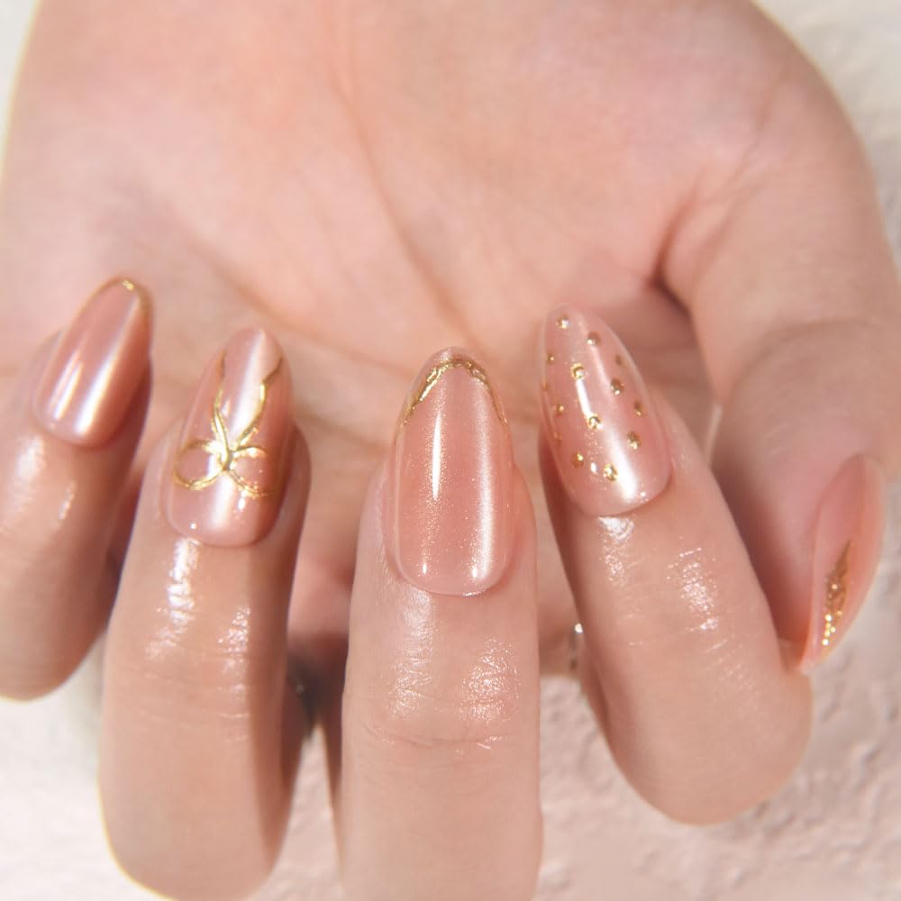 evpct Pale Nude Cat Eye Press on Nails Short Almond No Glue, 3D Gold Line Design Short Almond Stick on Nails for Women, Reusable Full Cover Soft Press on Fake Nail Perfectly Fit with 3D Bowknot Design