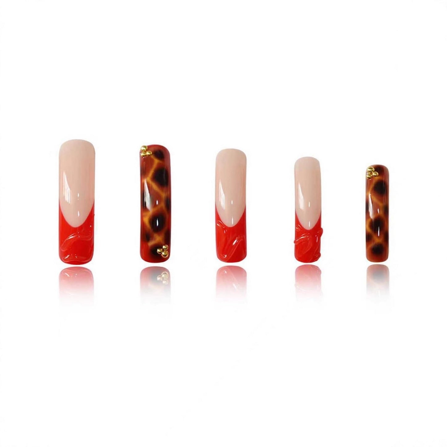 Curved Press on Nail 3d Fake Nails Red French Tip Press ones Extra Long Square with Water Stripe designs Leopard Print Stick on Nails Gold Rhinestones Acrylic Full Cover Gel Glue on Nails for Women