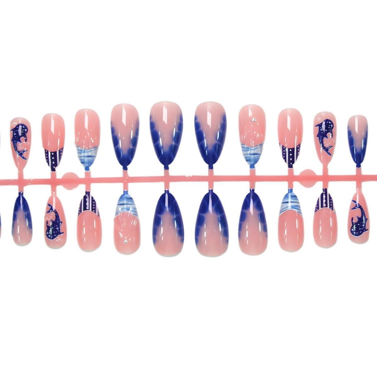 Blue French Tip Press on Nails Long Stiletto Fake Nails with Whale Shark Pearl Design Stick on Nails 3D Water Ripple False Nails Summer Acrylic Glue on Nail for Women Nail Art Decoration 24Pcs