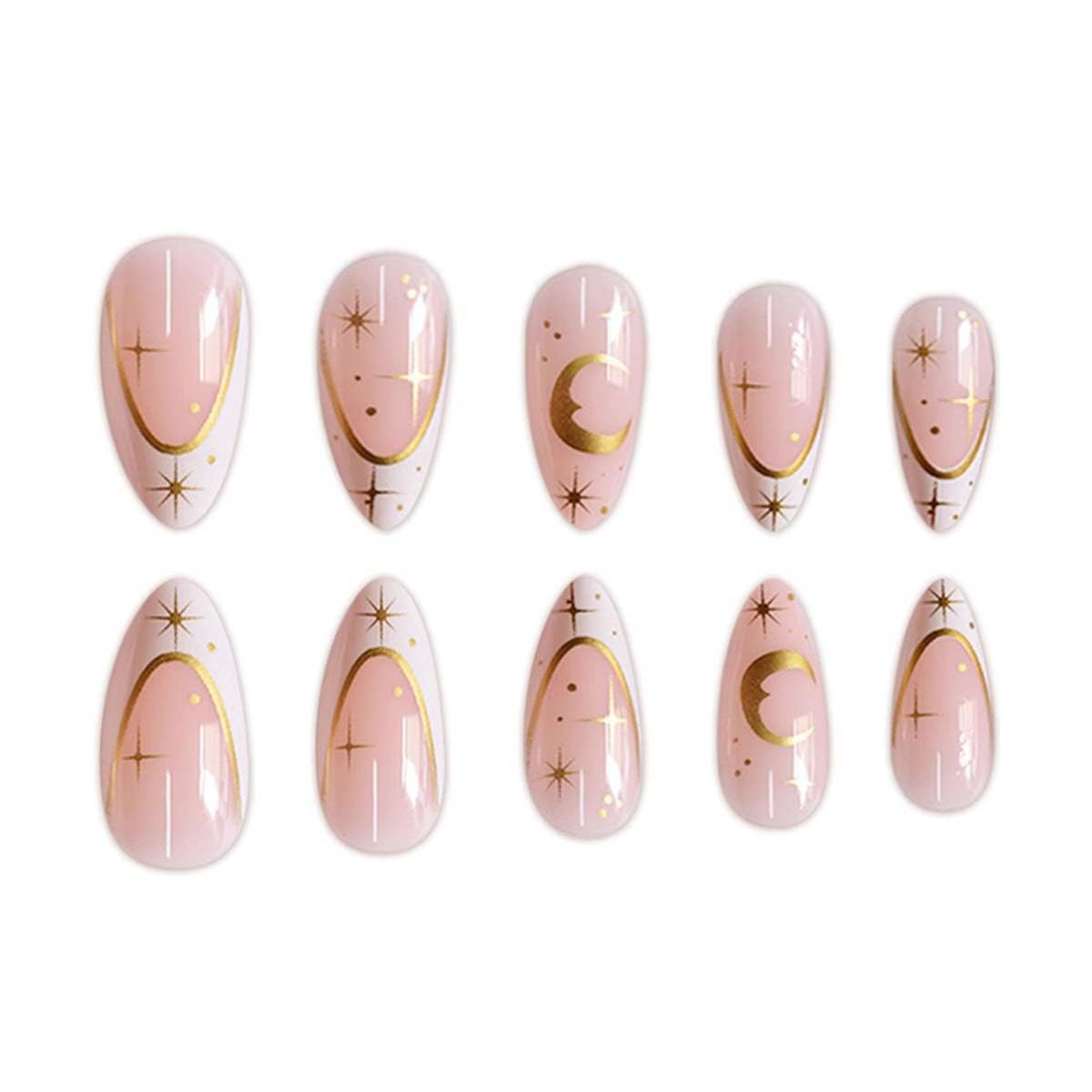 Almond Press On Nails Medium Fake Nails Star With Moon Design French Tip False Nails Full Cover Acrylic Artificial Nail Glossy Glue On Nail Nude Stick On Nails For Women Manicure 24pcs