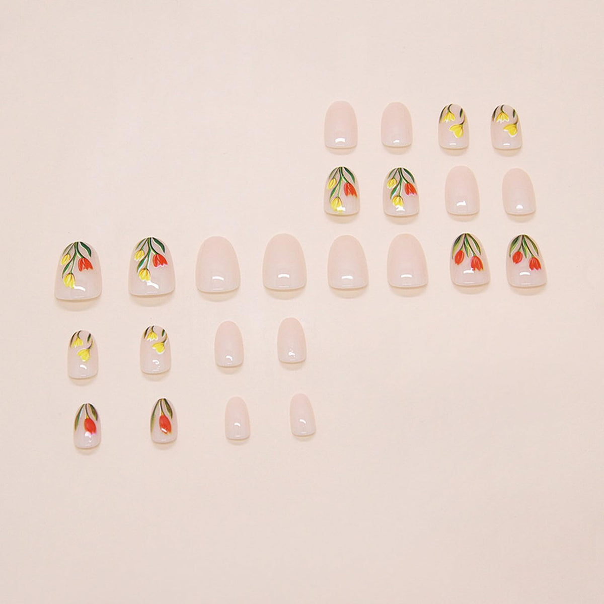 24pcs Flower Press on Nail Short Almond Fake Nails with Tulip designs Stick on Nail Full Cover Nude Press one Glossy Reusable Glue on Nails for Women Spring Summer False Nails