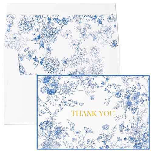 Crisky 50 Pack Blue Floral Thank You Cards Gold Foil Greeting Notes Bulk with Envelopes & Stickers for Birthday, Baby Shower, Bridal Shower, Wedding, Graduation, Business