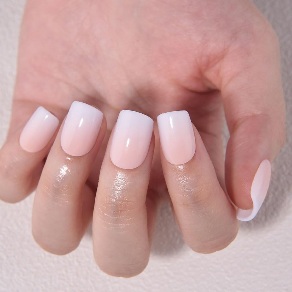 evpct Ombre White to Nude Press on Nails Extra Short, Petite Short Square Glossy Stick on Nails for Women Gift with Manicure Kit, Reusable Soft Gel Stick on Fake Nail with Ombre Designs Perfectly Fit