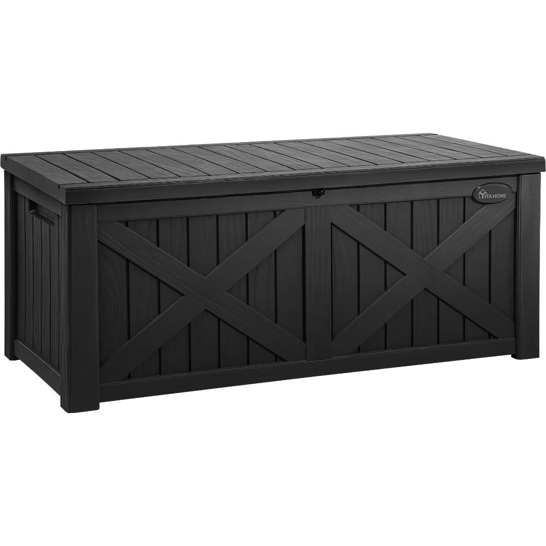 YITAHOME 150 Gallon Large Outdoor Storage Box with X-Shaped Front, Waterproof Resin Deck Box Cushion Storage Bench for Patio, Pool Supplies, Garden Tools - Lockable, Black