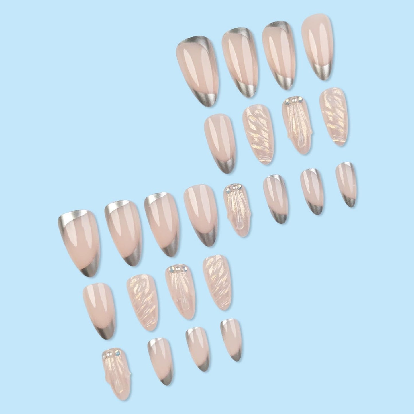 Medium Press On Nails Almond Fake Nails 3D With Pearls Design French Tip False Nails Nude Acrylic Full Cover Glue On Nail Reusable Stick On Nail For Women Manicure Art 24pcs