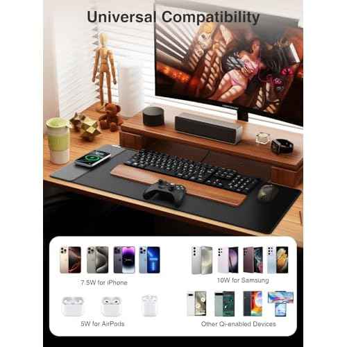 2-in-1 Mouse Pad with Magnetic Wireless Charging, Gaming Mouse Pad, 31.5"*15.8" Large Desk Mat for Laptop/Keyboard, Waterproof Smooth Surface, Non-Slip Base, Black