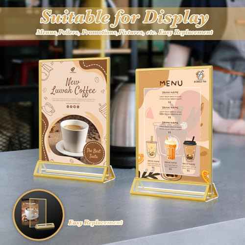 Gold Acrylic Sign Holder 5x7, 16 Pack Wedding Gold Frame Table Number Holders Vertical, Clear Picture Frames Flyer Stands Tables Menu Holder, Double Photo Paper Display Holder for Party, Home, Office