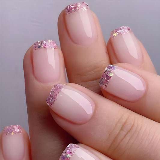 Foccna French Press on Nails Short Square Fake Nails with Pink Glossy Full Cover Stick on Nails Bling Sequins Acylic Nails for Women and Girls 30Pcs