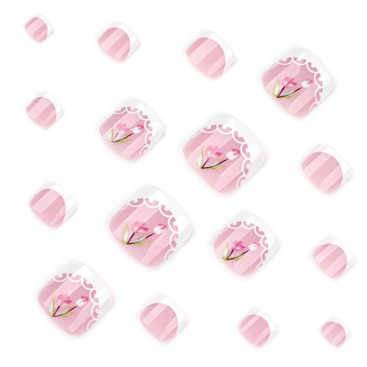 PEPFTG White French Tip Press on Toenails Short Square Fake Toenails with Flower Design Stick on Nails Pink Toe Nail Press Ons Glossy Summer Acrylic Glue on Toenail for Women Manicure 24Pcs