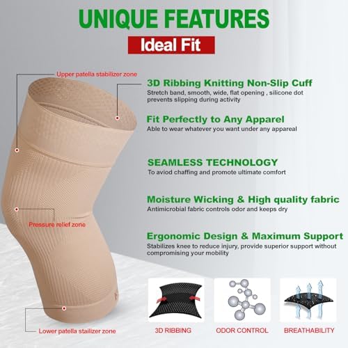 KEKING Orthopedic Brace for Tendinitis, Arthritis, ACL, MCL, Injury Recovery, Meniscus Tear, Knee Pain, Aching Knees, Patellar Tendonitis and Arthritis, Knee Compression Sleeves 2 Pack, Beige 3XL
