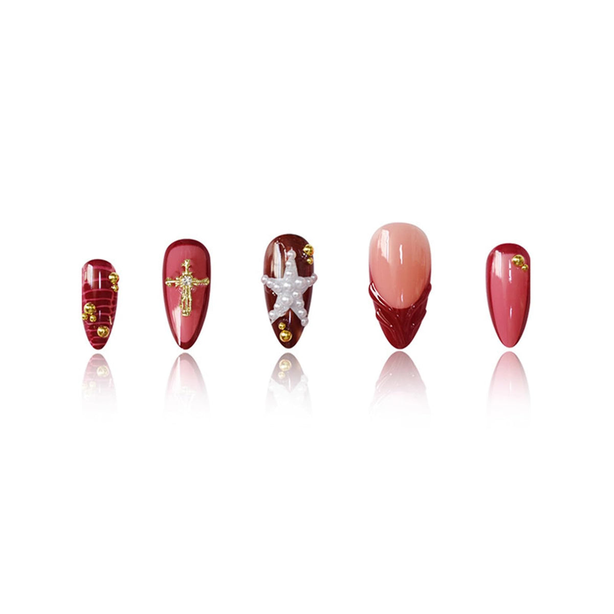 IMRAIN Press on Nails Medium Almond Fake Nail with White Pearl Star, Wine Red French, Golden Cross Designs Full Cover Glossy Glue on Nails for Women 24Pcs Acrylic Handmade False Nails