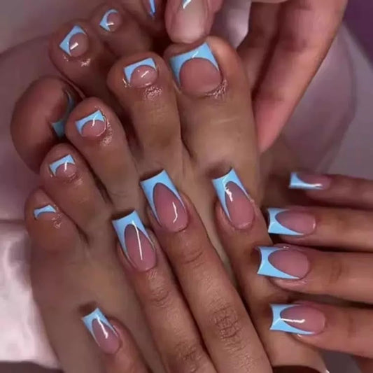CTTHNBD Medium Press on Nails & Square Press on Toenails Set, Blue French Tip Fake Nails, Glossy False Toenails - for Women 48 Pcs