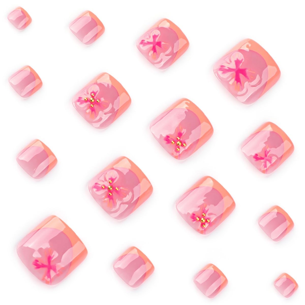 PEPFTG French Tip Press on Toenails Short Square Fake Toenails with Flower Design Stick on Nails Pink Toe Nail Press Ons Glossy Summer Acrylic Glue on Toenail for Women Manicure 24Pcs