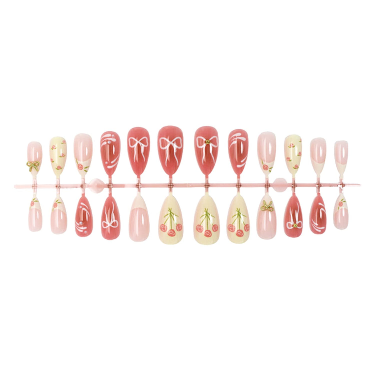 24Pcs Valentines French Press on Nails - Medium Almond Fake Nails with 3D Pearls Bow Design Rose Flower False Nails Pink Gradient Glossy Full Cover Cute Floral Bows Gel Acrylic Glue on Nails for Women