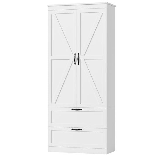 HOSTACK 70" Tall Kitchen Pantry Storage, Barn Doors Pantry Cabinet with Drawers and Adjustable Shelf, Modern Farmhouse Storage Cabinet for Kitchen, Dining Room, Living Room, Bathroom, White