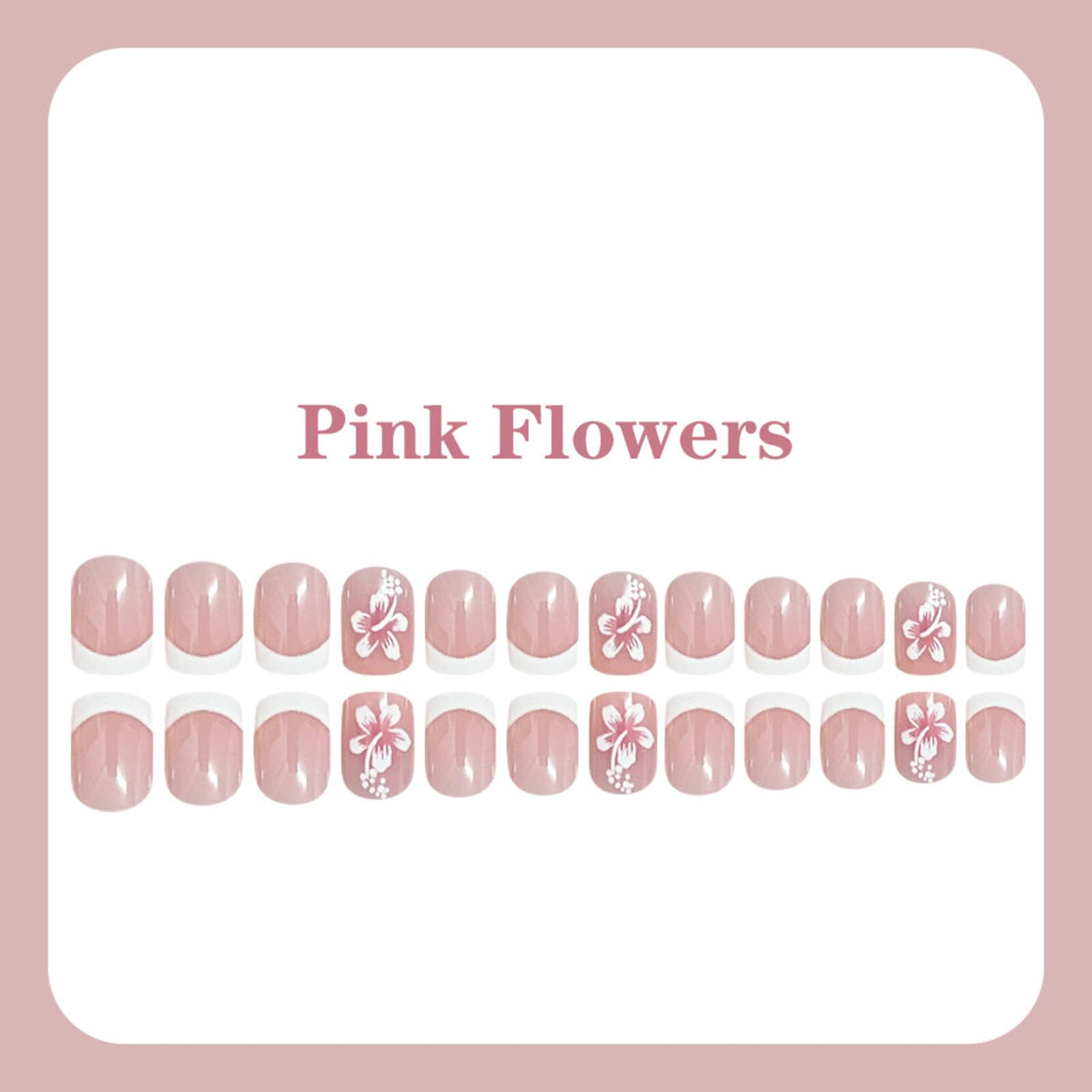 Floral Short Square Press on Nails Soft Nude Base Pink White Hibiscus Accents French Tips Glossy Finish Reusable Spring Nails Easy Apply Fashion Party Wear Durable Trendy Women Girls Nail Art 24 Pcs