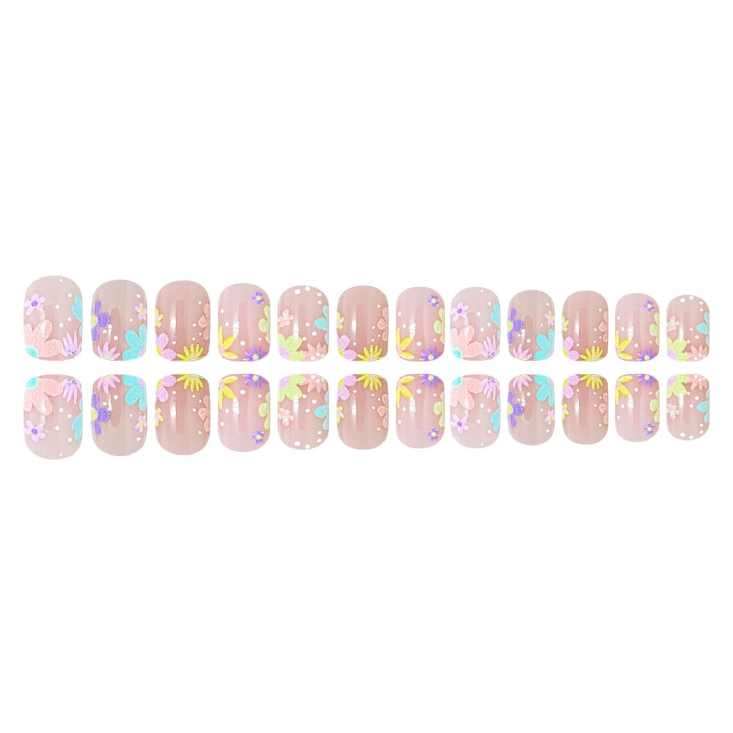 Floral Short Square Press on Nails Soft Nude Base Pastel Pink Purple Blue Yellow Floral Accents Glossy Finish Reusable Spring Nails Easy Apply Party Wear Durable Trendy Women Girls Nail Art 24 Pcs