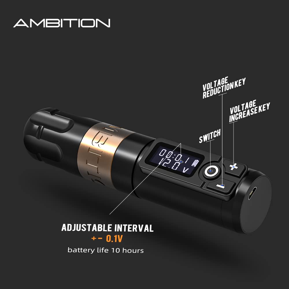 Ambition Soldier Wireless Tattoo Machine Kit Complete Rotary Coreless Motor Tattoo Pen Kit with Extra 2400mAh Battery 80pcs Premium Mixed Size Cartridge Needles Supply for Professional Tattoo Artist