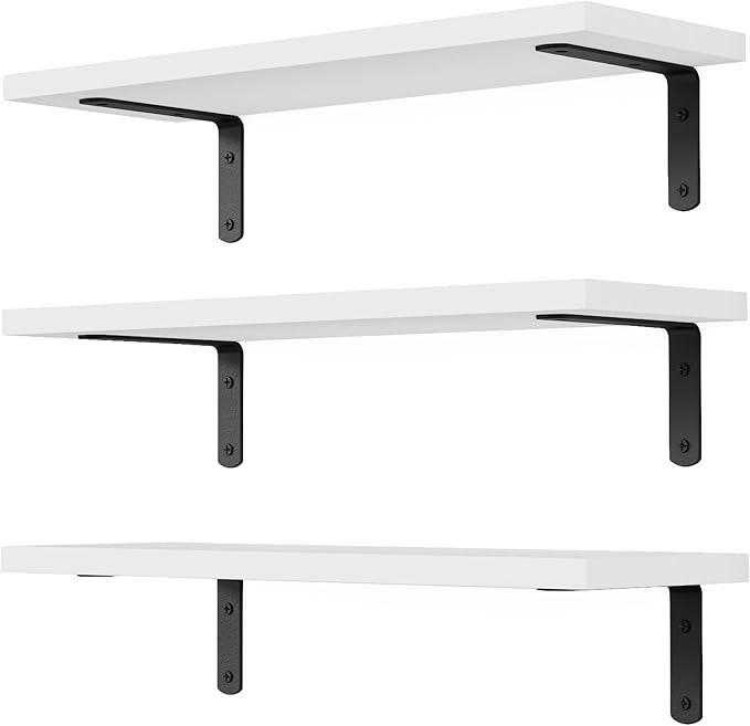 DOLLFIO Floating Shelves, 3 Sets Wall Wooden Shelves for DÃ©cor, Mounted Bathroom Shelf Storage, Book Wall, Bedroom, Living Room â White, HM02