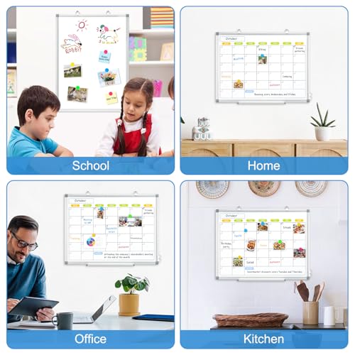 Dry Erase Calendar Whiteboard for Wall, WALGLASS 36" x 24" Magnetic White Board, Monthly Dry Erase Calendar with Silver Aluminum Frame, Double-Sided Hanging Portable Board for Office, Home, School