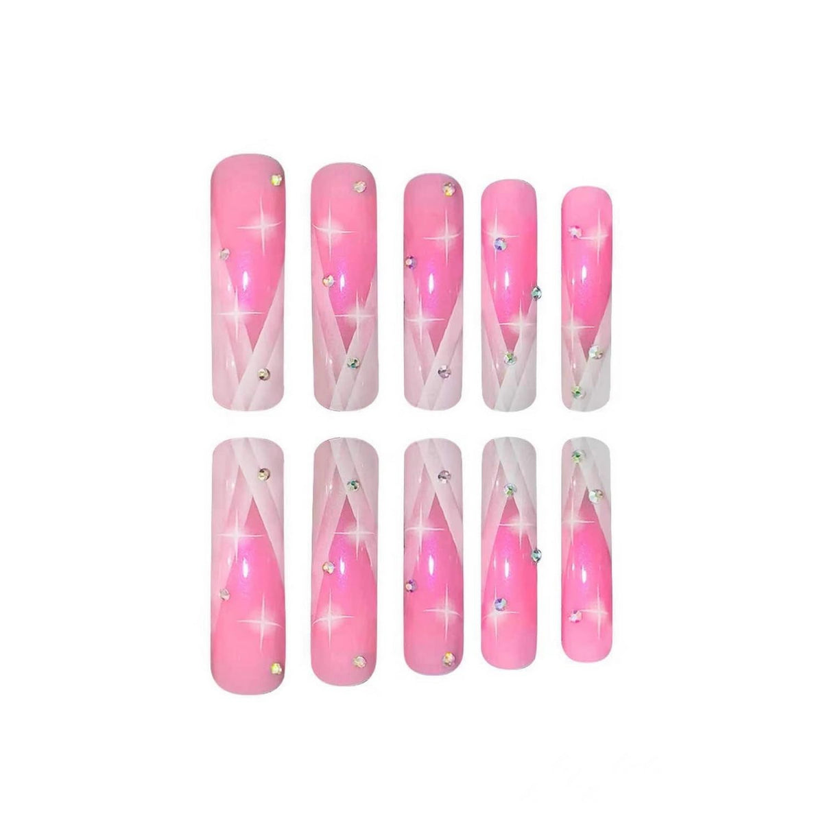 Curved Press on Nail Pink Fake Nails Glitter Acrylic Press ones with Rhinestones designs White French Tip False Nails Glossy Full Cover Cute Stick on Nail Gel Long Square Glue on Nails for Women