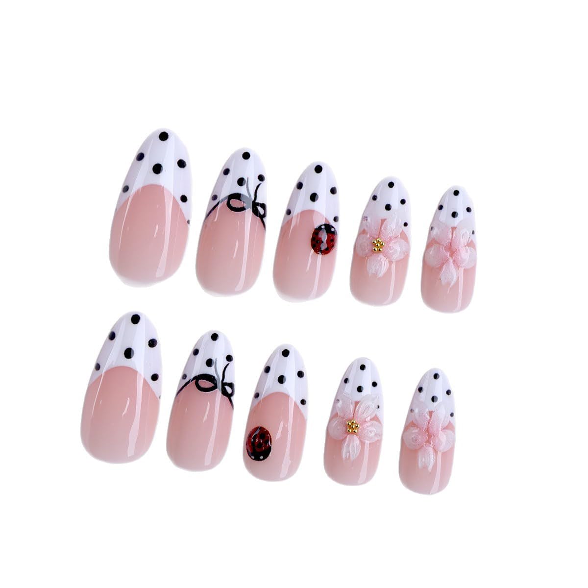 French Tip Press on Nails Medium, Almond Fake Nails White Summer False Nails with 3D Floral Polka Dot Design Artificial Acrylic Nails Reusable Full Cover Glue on Nails for Women 24Pcs