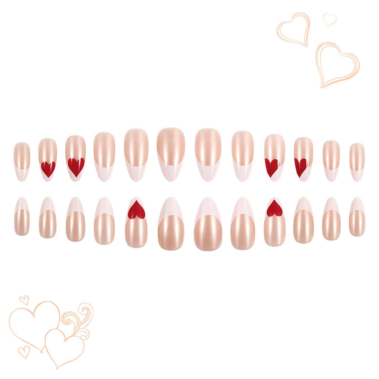 Valentine's Press on Nails Medium Red Love Heart Design Full Cover Glossy Fake Nails White French Tip Press on Nails Almond Shaped Artificial Acrylic Nails Full Cover Stick on Nails for Women