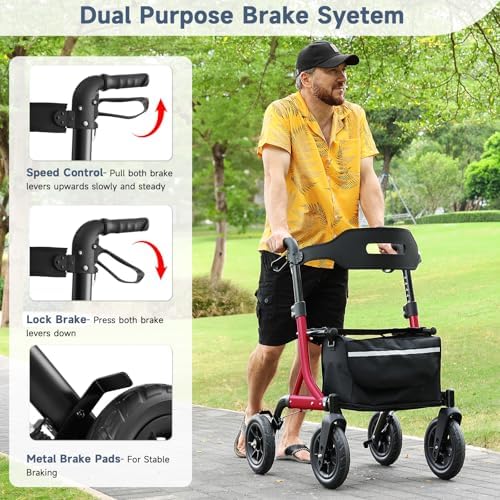 Rollator Walker for Seniors, Foldable All Terrain Rolling Walker with seat, Aluminum Walkers with 10 inch Rubber Wheels, Built-in Cable, Cup Holder, Adjustable Handles and Backrest for Seniors, Red