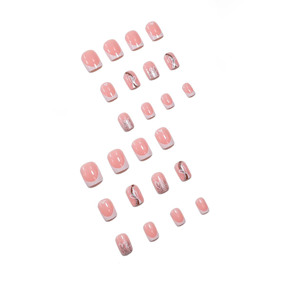 Teilihai White French Tip Press on Nails Short Square Fake Nails with Glitters Line Heart Design Glossy Glue on Nails Pink Nail Tips Full Cover False Nails Artificial Acrylic Nail for Women 24Pcs
