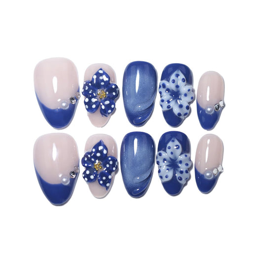 10Pcs Short Almond Handmade Press On Nails | Nude Pink & Royal Blue French Tip with 3D Floral, Pearl & Rhinestone Decor | Reusable Salon-Quality Fake Nails for Women and Girls(PZ02, XS)