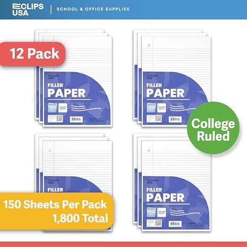 Notebook Paper Loose Leaf College Ruled 10.5¡± x 8¡± Filler Paper 56 gsm 150 Sheets Per Pack 1800 Sheets (12 Pack)