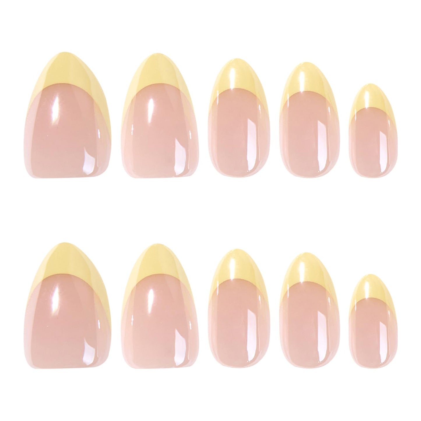 Yellow French Press On Nails Short Almond Fake Nails Chrome French False Nails Reusable Acrylic Nail Press Ons Glossy Glue Stick On Nails Full Cover For Women Manicure 24Pcs