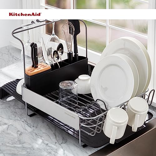 KitchenAid Compact to Full Size Expandable, Rust Resistant Satin Coated Dish Rack with Angled Self Draining Drain Board and Removable Flatware Caddy, 24-Inch, Charcoal