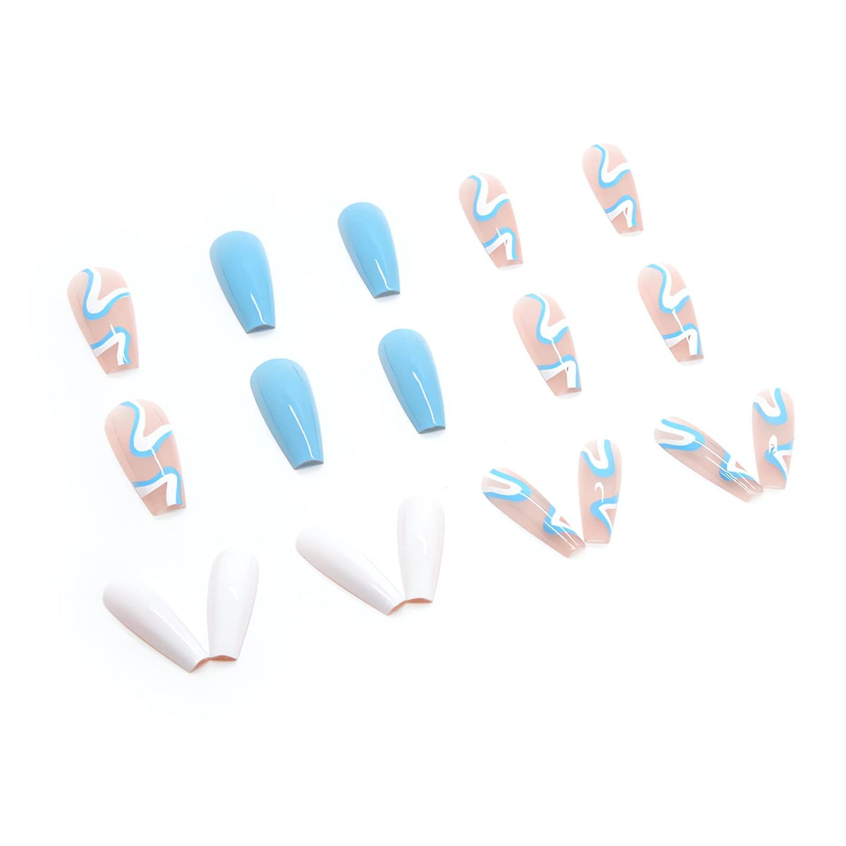 RTKHFZE Summer Acrylic Press on Nails Long Blue Fake Nails French Extra Long Acrylic Nails with Blue Swirl Designs Glossy Artificial Nails for Women and Girls 24PCS
