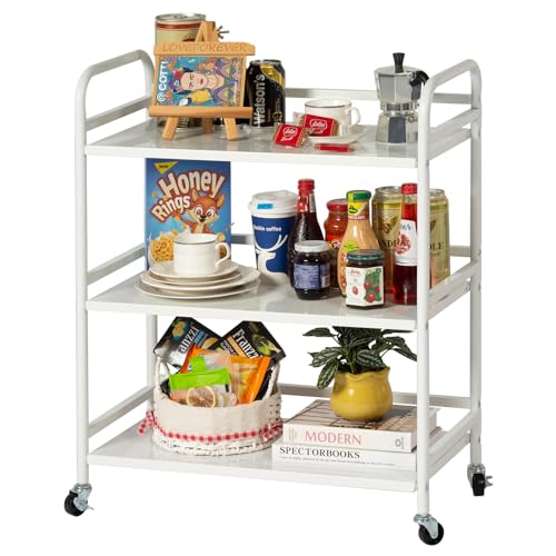 HDANI 3 Tier Metal Utility Multipurpose Rolling Cart,Large Capacity Heavy Duty Rolling Cart with 2 Lockable Wheels for Home,Office,Kitchen,Bathroom,Bedroom,White