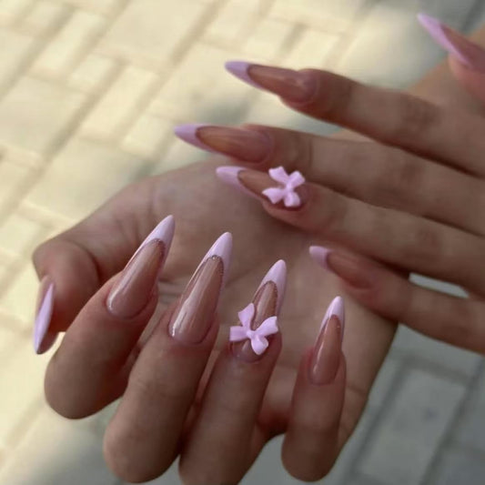 Handmade Pink French tip Press on Nails long style Almond Fake Nails with Glue Full Cover Glossy False Nails Stick on Nails for Women Manicure Aurora Powder Decoration Bow 10PCS (MT-127-M)