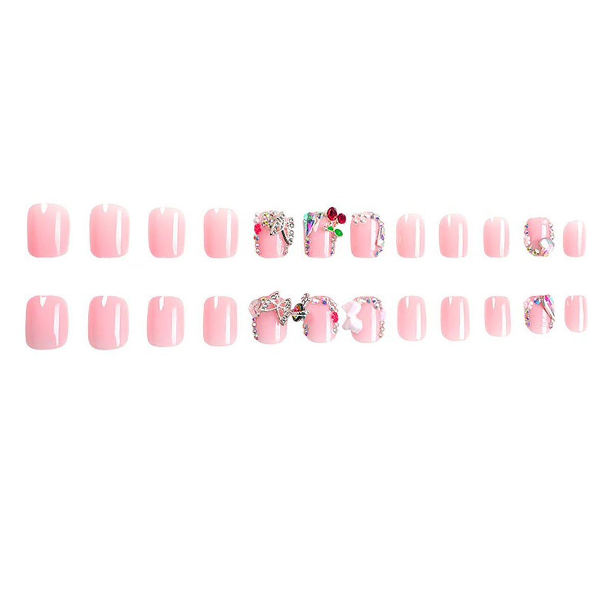 Nude Pink Press on Nails Short Square MABKJLF French Tip Fake Nails False Nails with Designs Bow Cherry Butterfly Flower Charm Rhinestones Glossy Glue on Nails Acrylic Nails for Women Girls 24 Pcs