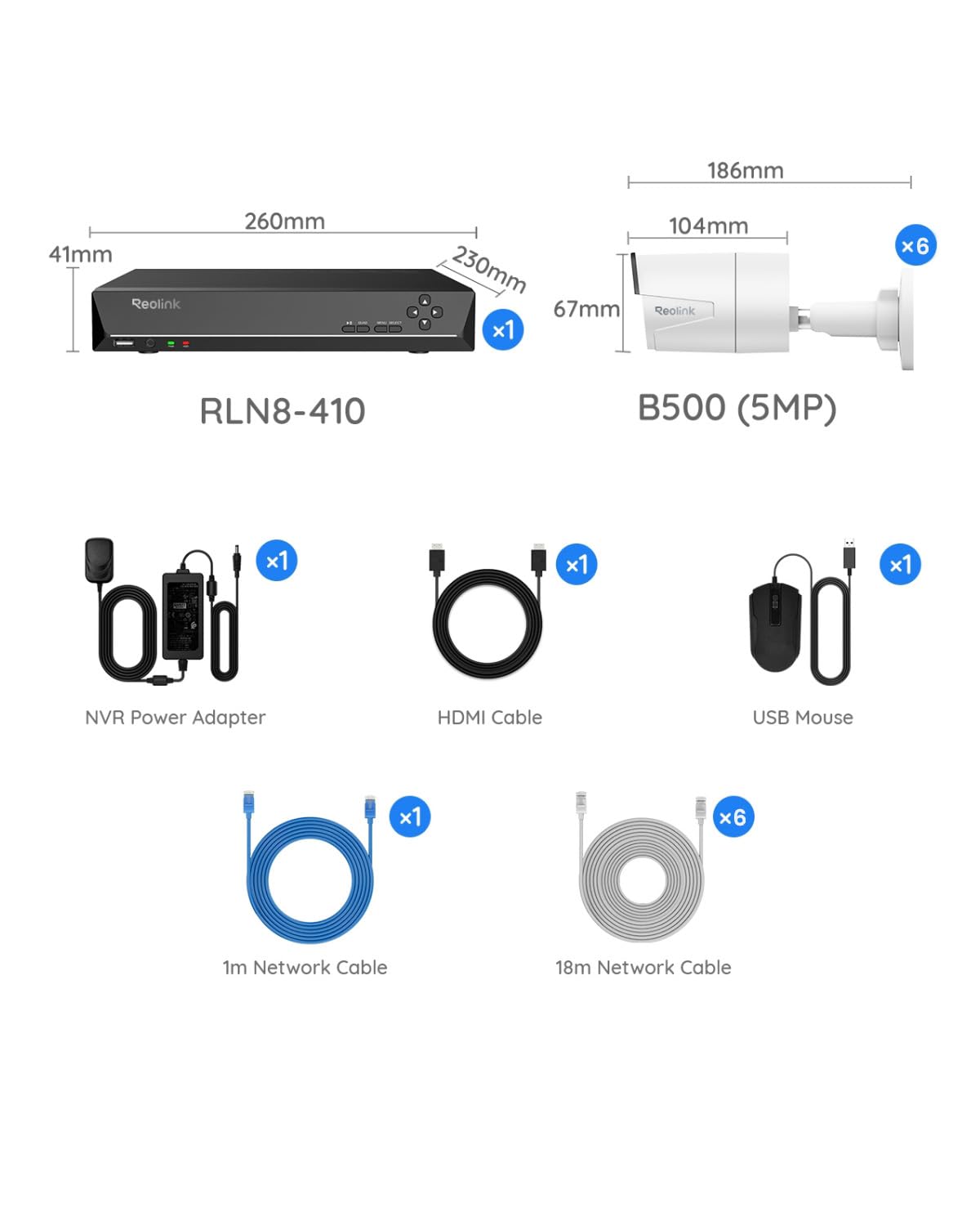 REOLINK 8CH 5MP Home Security Camera System, 6pcs Wired Outdoor PoE IP Cameras with Person/Vehicle/Pet Detection, 4K/8MP 8CH NVR with 2TB HDD for 24-7 Recording, RLK8-410B6-5MP