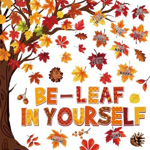 82Pcs Fall Bulletin Board Classroom Decorations Set,Autumn Maple Leaves Paper Cutouts Inspirational Posters Be Leaf in Yourself Wall Decor for School Chalkboard Office Home Thanks Giving Supplies