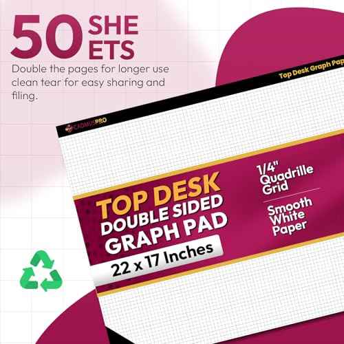 Top Desk Graph Paper Pad 22x17 Inch, 50 Sheets, Double-Sided, 80 GSM Large Quadrille Grid Paper for Drafting, Design, Art & Illustration, Architecture and Academic Use - 2 Packs
