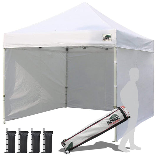 Eurmax USA 10'x10' Pop-up Canopy Tent Commercial Instant Canopies with 4 Removable Zipper End Side Walls and Roller Bag, Bonus 4 SandBags(White)