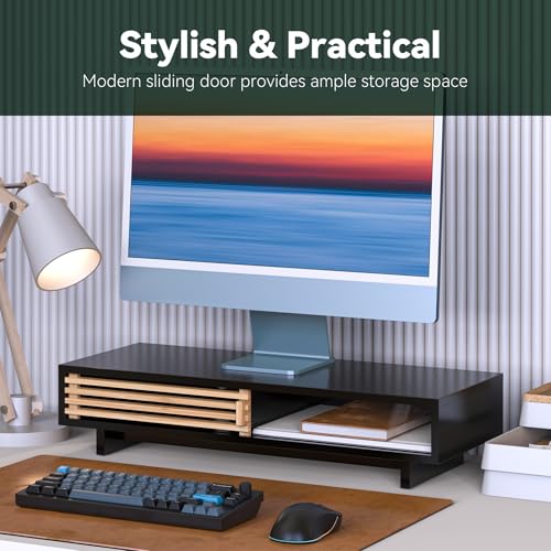 Monitor Stand Riser with Sliding Door, Computer Laptop Stand Desk Shelf Organizer with Storage (Black + Natural Bamboo, 25 Inch)