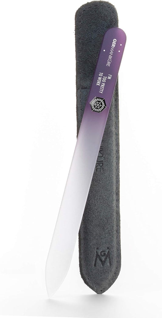 GERMANIKURE Glass Nail File in Suede Sleeve - I'm Too Pretty to Work - Professional Crystal Nail File for Natural Nails - Ideal Manicure & Pedicure Tool for Smooth, Easy Shaping - Nail Care Gift